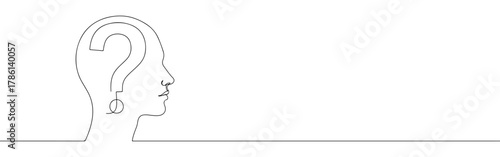 Continuous one line drawing of a human head with a question mark inside. Concept of doubt, confusion and inquiry