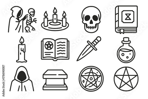 Dark Magic Icons. Line style icons of Dark Magic: Necromancy, Ritual Circle, Skull, Secret Tome; Candle, Spellbook, Dagger, Potion