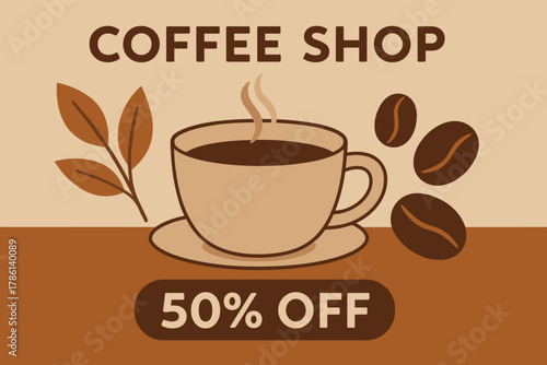 Cozy Coffee Promotion. Vector flat social media post for coffee shop promotion, illustrated cup, beans, and leaves, warm brown