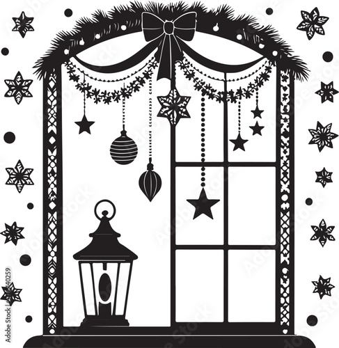 Christmas Window Silhouette with Ornaments and Lantern Keywords: Christmas, window, silhouette, ornaments, stars, snowflakes, lantern, garland, bow, festive, decoration, holiday, winter