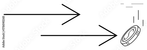 Two simple arrows converge toward a coin in motion. Ideal for finance, investment, decision, strategy, profit, economy, and value concepts. A simple flat metaphor