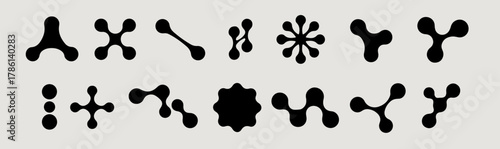 Vector illustration shows a modern, abstract icons in a bold black and white palette. The design features interconnected metaball shapes and circles, creating a dynamic and organic visual effect.