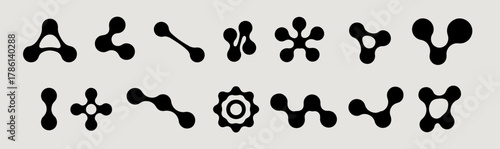 Metaball black shapes collection with organic connected elements. Minimalist molecular structures in grid pattern. Various node configurations from simple curved forms to complex symmetrical designs.