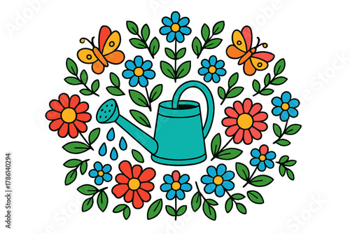 Garden Mandala Symphony. Watering can in the middle with droplets, flowers, leaves, and butterflies radiating outward in garden