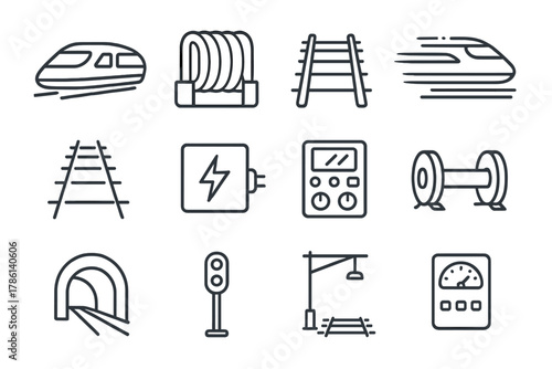 High-Speed Rail Icons. Line style icons of High-Speed Rail: Maglev Vehicle, Electromagnetic Coil, Track, Fast Travel; Rail, Power