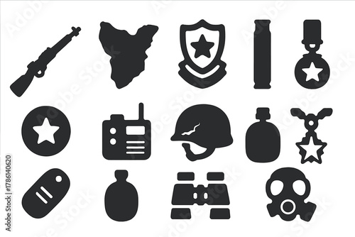 War Artifacts Icons. Solid style icons of analyzing artifacts from recent wars: rusted rifle, shrapnel fragment, military badge,