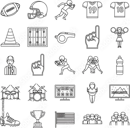 Collection of American Football Icons and Illustrations Featuring Balls Helmets Players Field Uniforms and Trophies for Sports Design