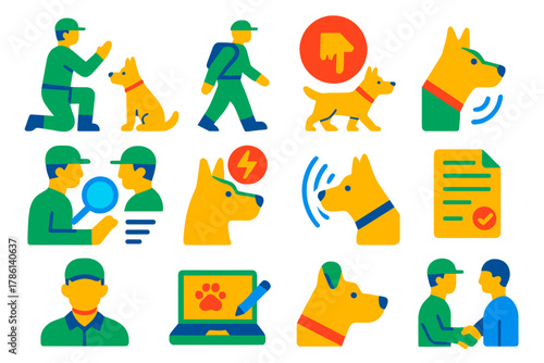 Military Canine Operation Icons. Flat vector icons of workflow in military canine operations: training session, field deployment,