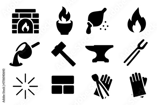 Smelting Icons Collection. Solid style icons of smelting and metalworking techniques: furnace, crucible, bellows, flame, molten
