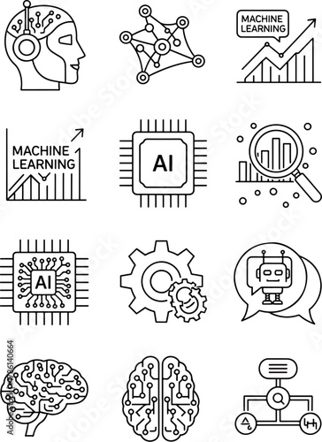 Collection of Artificial Intelligence and Machine Learning Icons, representing AI technology, neural networks, data analysis, and modern innovation