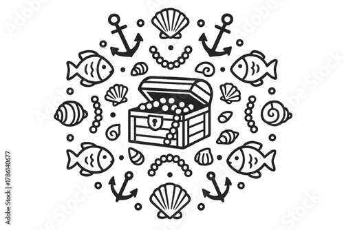 Underwater Treasure Mandala. Treasure chest in the middle with shells, fish, pearls, and anchors radiating outward in an