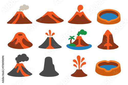 Volcano Icon Collection. Flat vector icons of volcano types: stratovolcano, shield volcano, cinder cone, caldera, lava dome,