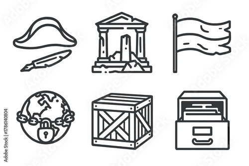 Colonial Legacy Icons. Line style icons of Colonial Legacy Symbols: colonial hat and broken pen, imperial building ruins, faded
