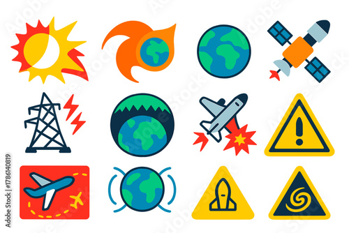 Extreme Space Weather Icons. Flat vector icons of extreme space weather events: super flare burst, massive CME wave, geomagnetic