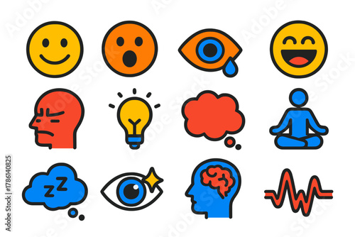 Cognitive Response Icons. Flat vector icons of Cognitive Responses: smile face, surprised face, tear eye, laughter, concentration