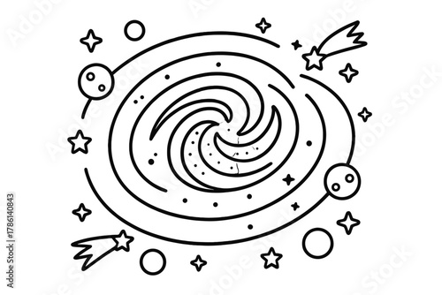 Spiral Galaxy Coloring Page. Galaxy spiral in the middle with orbits, stars, moons, and shooting comets arranged in balanced