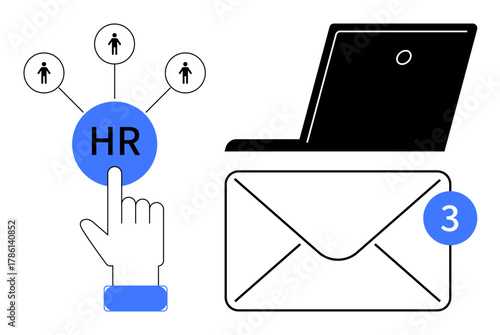 Human resources network with hand selecting HR icon, envelope indicating new messages, and laptop for online work. Ideal for HR tools, recruiting, communication, online platforms, notifications