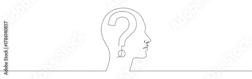 Continuous one line drawing of a human head with a question mark inside. Concept of doubt, confusion and inquiry