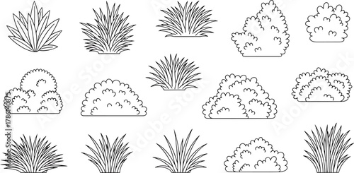 Collection of Black and White Outline Illustrations of Various Types of Bushes and Grass Plants Isolated on White Background Vector Graphics