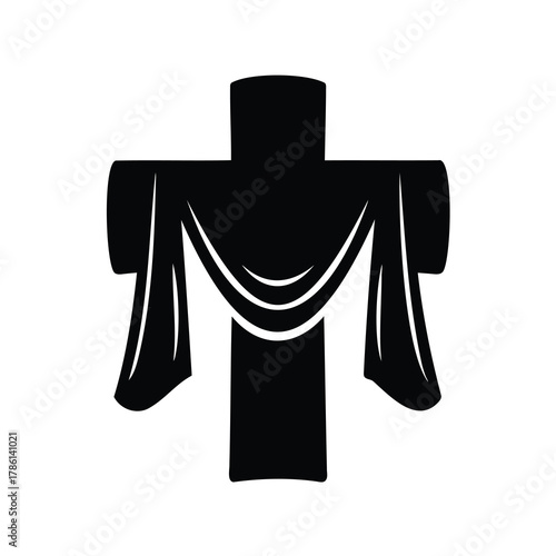 Stylized black cross draped with fabric, representing mourning or Good Friday