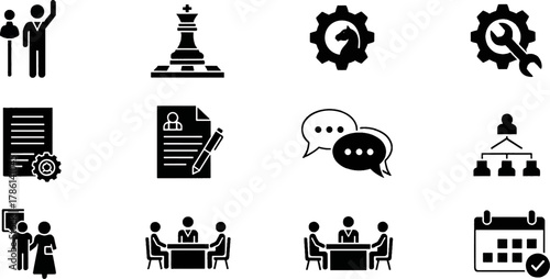 Collection of Business and Management Icons Representing Strategy, Teamwork, Communication, and Organization in Flat Design Style