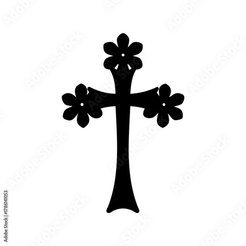 Black floral cross with simple design on a white isolated background