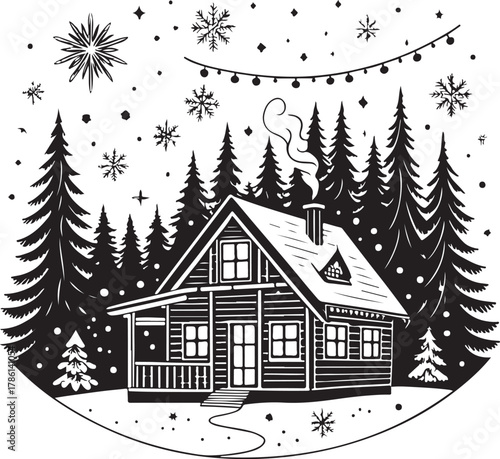 Cozy Winter Cabin in Snowy Forest with Christmas Lights Silhouette Keywords: winter, cabin, house, log cabin, forest, trees, pine trees, snow, snowflakes, christmas, lights, garland, chimney