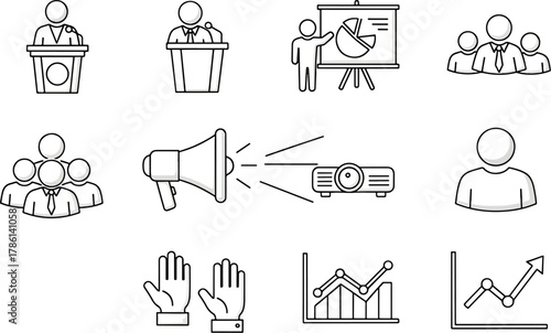 Collection of Business and Presentation Icons Featuring Speakers, Graphs, Teamwork, and Communication Tools
