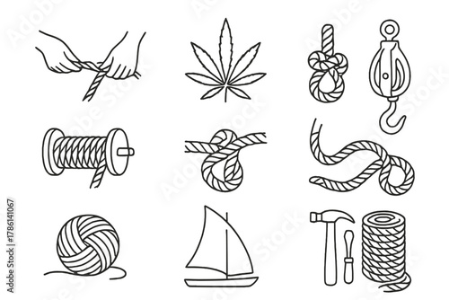 Hemp Crafting Icons. Line style icons of Hemp Crafting: Twisting Fibers, Hemp, Sailor's Craft, Coil; Rope Spool, Knot, Pulley,