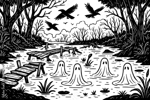 Mystical Swamp Scene. Dark swamp hidden in the forest with broken wooden bridges, ghostly figures in the water, and crows overhead