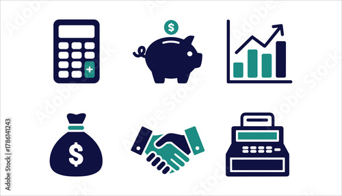 Collection of six flat design finance and business icons in dark blue and teal on white background calculator