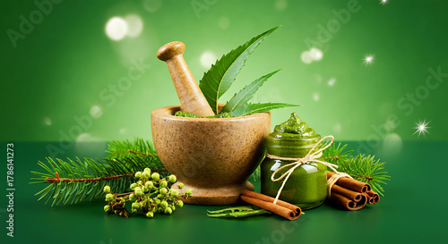 Fototapeta Naklejka Na Ścianę i Meble -  Ayurvedic mortar pestle herbs and natural products on a green background