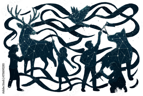 Celestial Festival Scene. Constellation festival with glowing star animals, humans connecting dots, and cosmic ribbons weaving