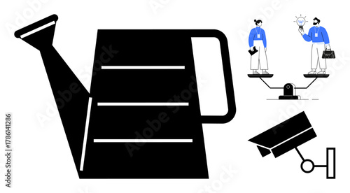 Black watering can symbolizing growth, scales balancing individuals representing equality and ideas, alongside surveillance camera. Ideal for justice, teamwork, decision-making, surveillance