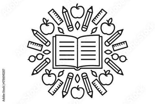 Educational Mandala Design. Teacher’s book in the middle with pencils, rulers, apples, and glasses arranged in a decorative