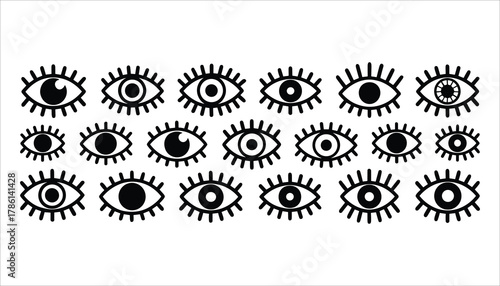 Black and white graphic illustration of multiple stylized eyes with thick eyelashes and varied pupils arranged in rows on a white background
