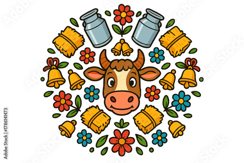 Cow Mandala Artwork. Cow head in the center with milk cans, bells, hay, and flowers arranged in a circular mandala pattern, bright