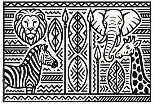 Tribal Animal Motifs. African tribal ornament with bold animal motifs, shields, spears, and repeating geometric lines, black and