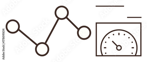Line with 4 points connecting data, next to speedometer in dashboard. Ideal for data analysis, monitoring, statistics, growth tracking, business performance, research, simple flat metaphor