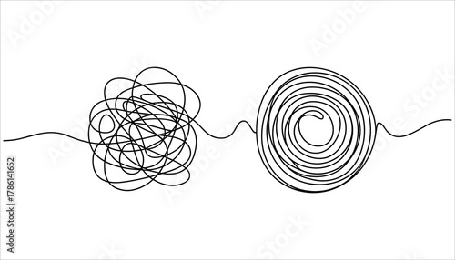Black line drawing of a tangled mess transforming into a neat spiral on a white background abstract black and white