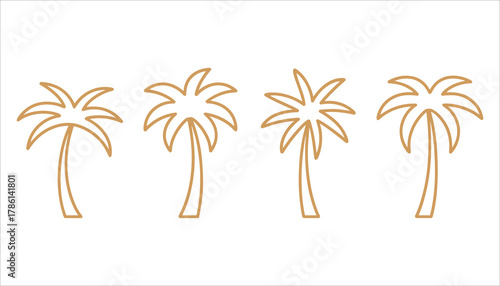 Four outline palm trees with brown trunks and fronds on a white background silhouette tropical
