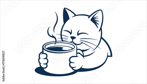 Cute cartoon cat character with closed eyes holding a steaming cup of coffee or tea in dark blue outline on white background