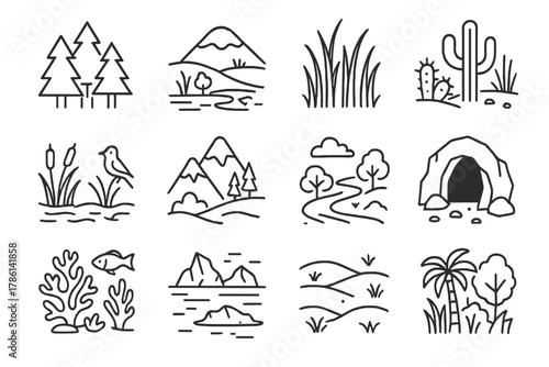 Ecosystem Line Icons. Line style icons of ecosystems: forest, tundra, grassland, desert; wetland, mountain, river, cave; coral