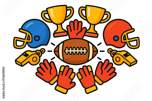 Football Enthusiast's Gear. American football in the middle with helmets, gloves, trophies, and whistles forming a bold radial