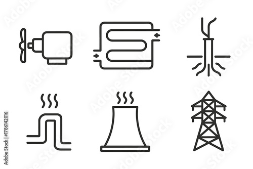 Geothermal Energy Icons. Line style icons of Geothermal Power Plants: turbine generator, heat exchanger, geothermal well, steam