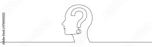 Continuous one line drawing of a human head with a question mark inside. Concept of doubt, confusion and inquiry