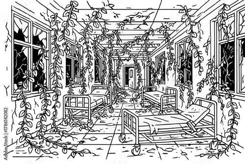 Eerie Abandoned Hospital. Abandoned hospital with shattered windows, vines inside hallways, broken beds, and eerie silence, black