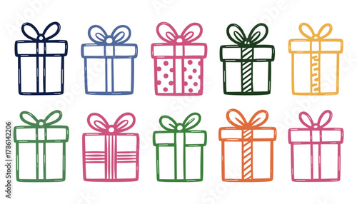 Collection of hand drawn gift boxes in various colors and patterns on white background present celebration