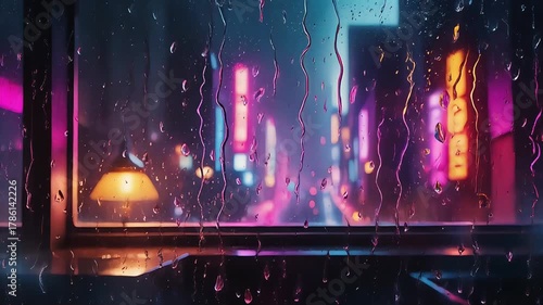 Rainy Night Cityscape Through Window with Neon Lights and Reflections. Virtual backgrounds loop animation for stream overlay, meditation, smooth jazz or white noise video. Cozy lo-fi background.