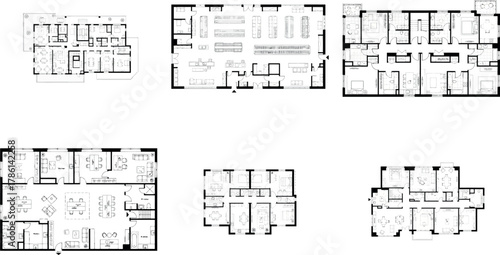 Compilation of six distinct floor plan layouts for residential properties
